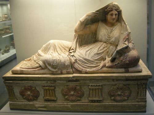 ancientart:The Etruscan painted terracotta sarcophagus of Seainti Hanunia Tlesnasa, dates to ab