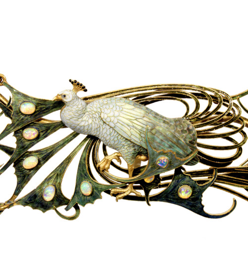 René Lalique, Peacock Pectoral, 1898-1900. Gold, enamel, opals, diamonds. France. Via Calouste Gulbe
