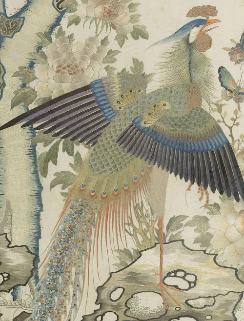 Embroidered silk phoenix and qilin panel (detail), China, 19th century