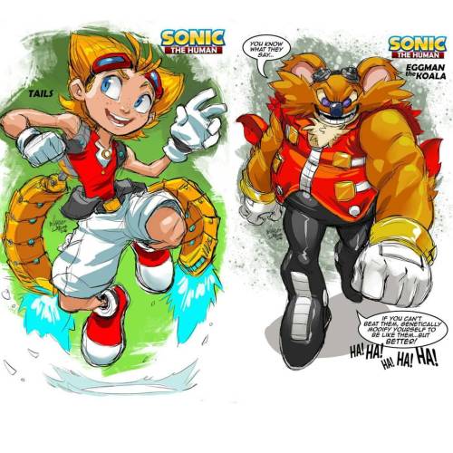 marcusthevisual:  Miles “Tails” Prower the Human and Eggman the Koala from my concept “Sonic the Human”.  Tails: Devastated to lose his dual fox tails upon his transformation into a human, the young inventor doesn’t take long to begin work on