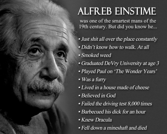 stecasse-king:  cynnamynn:  who has the image where it says albert einstein lived in a house made of cheese and failed the driving test 8000 times  