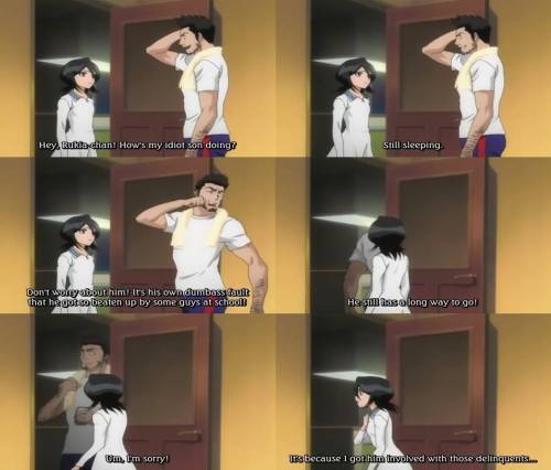 kembang-gula-yummy:Daddy Isshin : “Hey Rukia-chan, how’s my idiot son doing?”Yuzu : “is it okay if we eat dinner here?”Rukia already looks like Ichigo’s wife to me :D