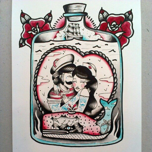 adrianamaluquer:  ///Finished! #tattooflash #traditionaltattoo #traditionaltattoing #oldschoolflash #tattoooftheday #flashoftheday #sailorflash #sailortattoo #sailor #lovers #bottle #tattoo #tattoo_collective #apprenticeig #tattooapprentice