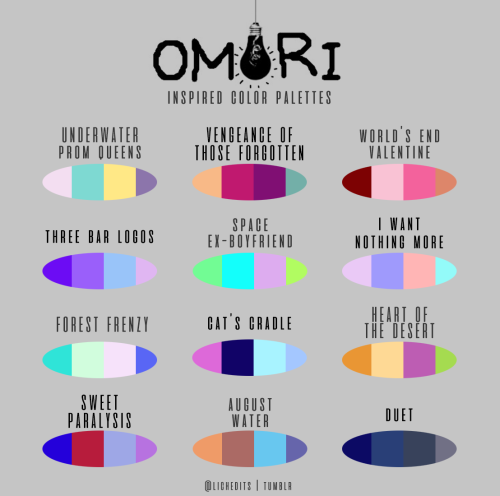 some 4 part color palettes i made inspired by some of the omori songs and backgrounds/character pale