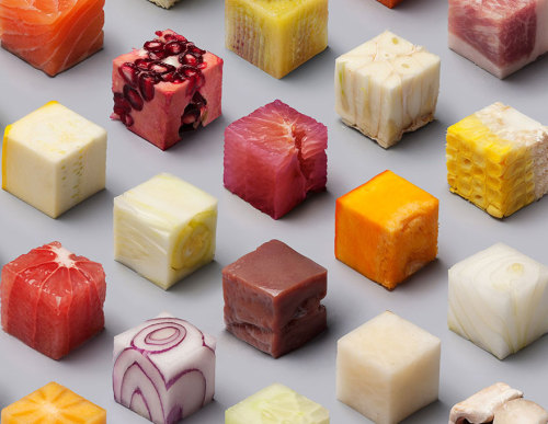 nedahoyin:boredpanda:Artists Cut Raw Food Into 98 Perfect Cubes To Make Perfectionists HungryThis is