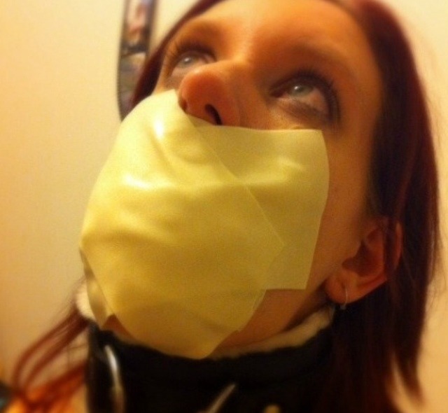 thegagproject:Pleading eyes #tapegag #microfoamtape #bondage #collar  Bondage and