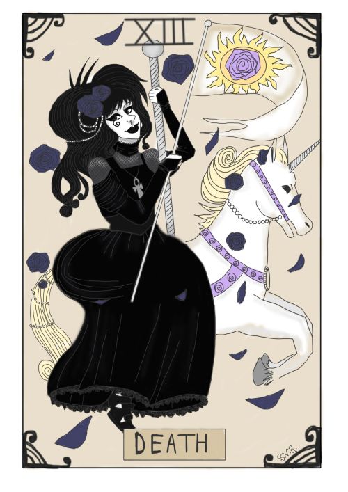 Death tarot card, she’s such a cheery creature, so i felt it necessary that her pale horse be 