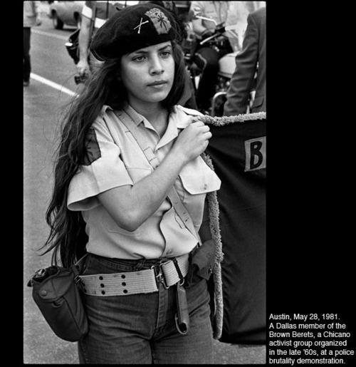saltysojourn:(The second, bottom image) Austin, May 28, 1981. A Dallas member of the Brown Berets, a