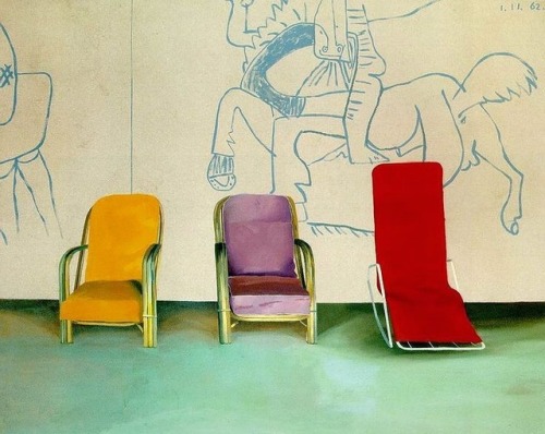 Three Chairs with a Section of a Picasso Mural David Hockney 1970 David Hockney painting an art car.
