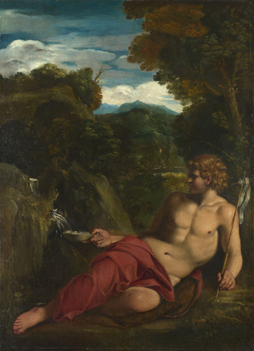 scottishsquirrel:Circle of Annibale Carracci     (1550-1609)  Saint John the Baptist seated in the Wilderness  The National Gallery UK