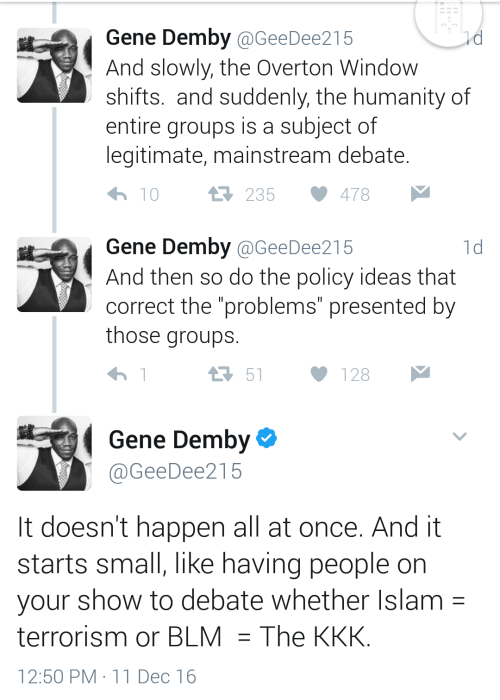 sitta-pusilla: Gene Demby explains the Overton Window “[Trevor] Noah isn’t wrong that compromise and good-faith are necessary for functional politics. But. There’s this idea in media studies called the Overton Window. Basically, the MSM defines