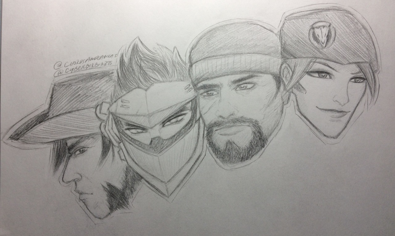 Blackwatch sketches I’m really happy with. They’re all so badass and I’m looking forward to playing Retribution again. :D #overwatch#overwatchfanart#blackwatch#moira odeorain#moira#fanart#gabriel reyes#reaper#genji shimada#mccree#cole cassidy#sketch#cyberbirb-arts