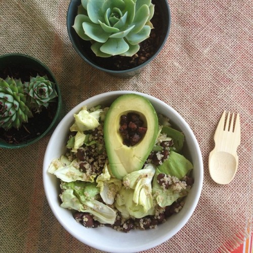 Lunchy time. Butter lettuce salad with quinoa, hemp seed, black beans, avocado, and bacon! #kaylaits