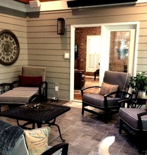 Porch BackyardMid-sized Transitional Tile Screened-in Back Porch Photo With A Roof Extension