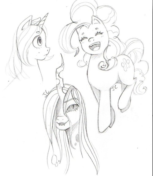 jc-sketching:haven’t drawn ponies in a while so heres a few doodles featuring my favorite two and a doodle of an oc as one