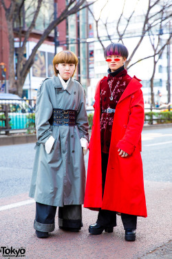 tokyo-fashion:  Sara and Yamato on the street in Harajuku wearing a mix of vintage, new, and handmade fashion with items from Burberry, Emoda, Yosuke, Saad, Comme des Garcons, Bubbles, and Yosuke. Full Look