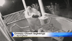 sixpenceee:  The above are actual surveillance camera footage taken from a home in Jacksonville, California. Mysterious clowns are popping up across the state and terrorizing people in the towns. (Video)
