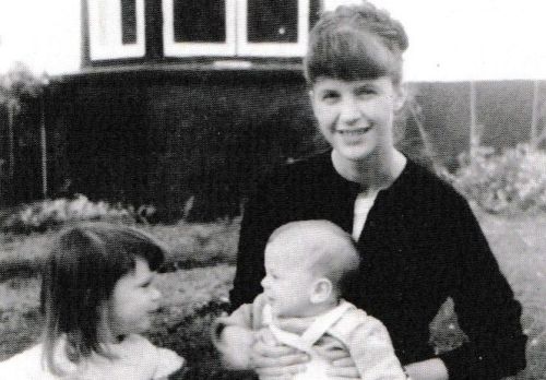 Sylvia Plath, with children Frieda and Nicholas at Court Green, August 1962