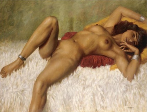 artbeautypaintings:  Reclining nude on a rug - Marcel René Herrfeldt 