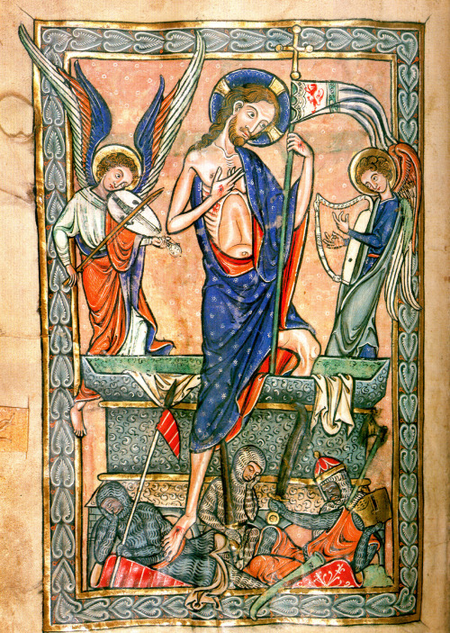 Resurrection from a 13th century missal Christ steps from the tomb on to the sleeping body of one of