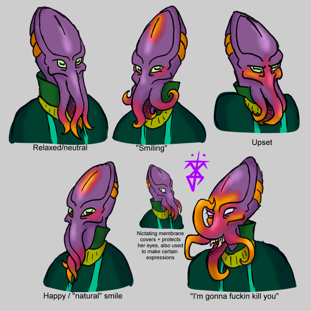 Five drawings of a mind flayer with different expressions. Her expressions are determined by color and tentacle position.
