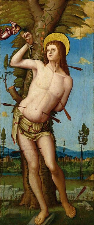 Attributed to Liberale da Verona, St. Sebastian and an angel, second half of 15th century, Oil on bo