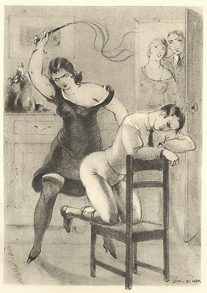 Luc LafnetA woman flogging a man wearing stockings and heels, as a couple observe, 1931