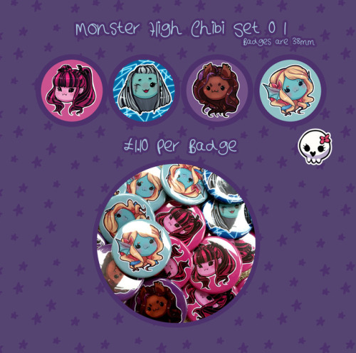 char-lady:  Monster High - Chibi Badges! Find them HERE!I made some cute badges for my Etsy store :) 4 Monster High Characters to choose from! - Draculaura , Frankie Stein , Clawdeen Wolf , Lagoona blue :)Any purchases are greatly appreciated and will