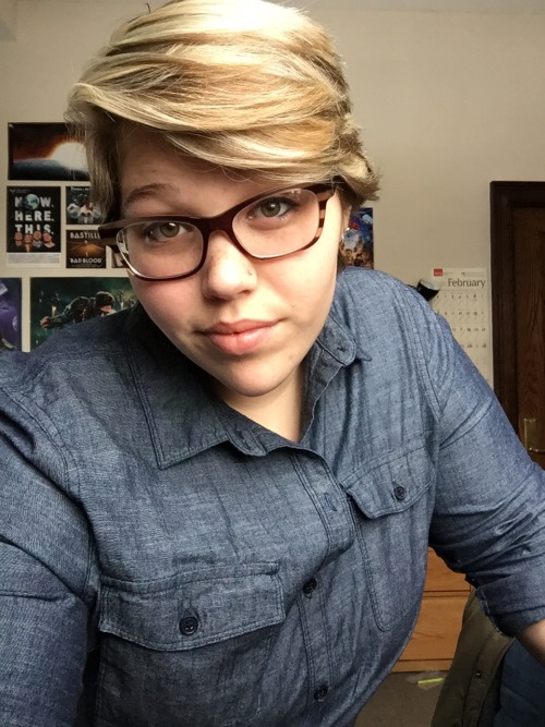 chubbyqueerstyle: Too cute to be this cold ugh yes, i love a good chambray/skirt outfit and that t