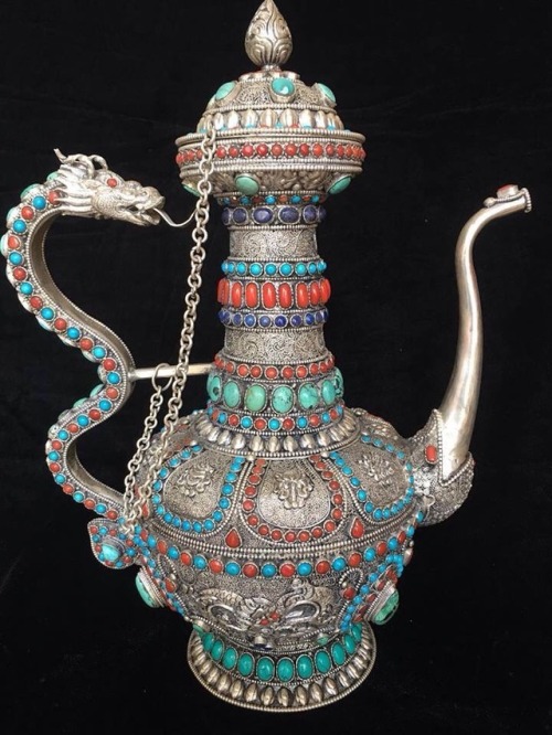 Masterpiece Nepalese Pure Silver Dragon Teapot with Gem Inlay of Lapis, Coral &amp; Turquoise Fo