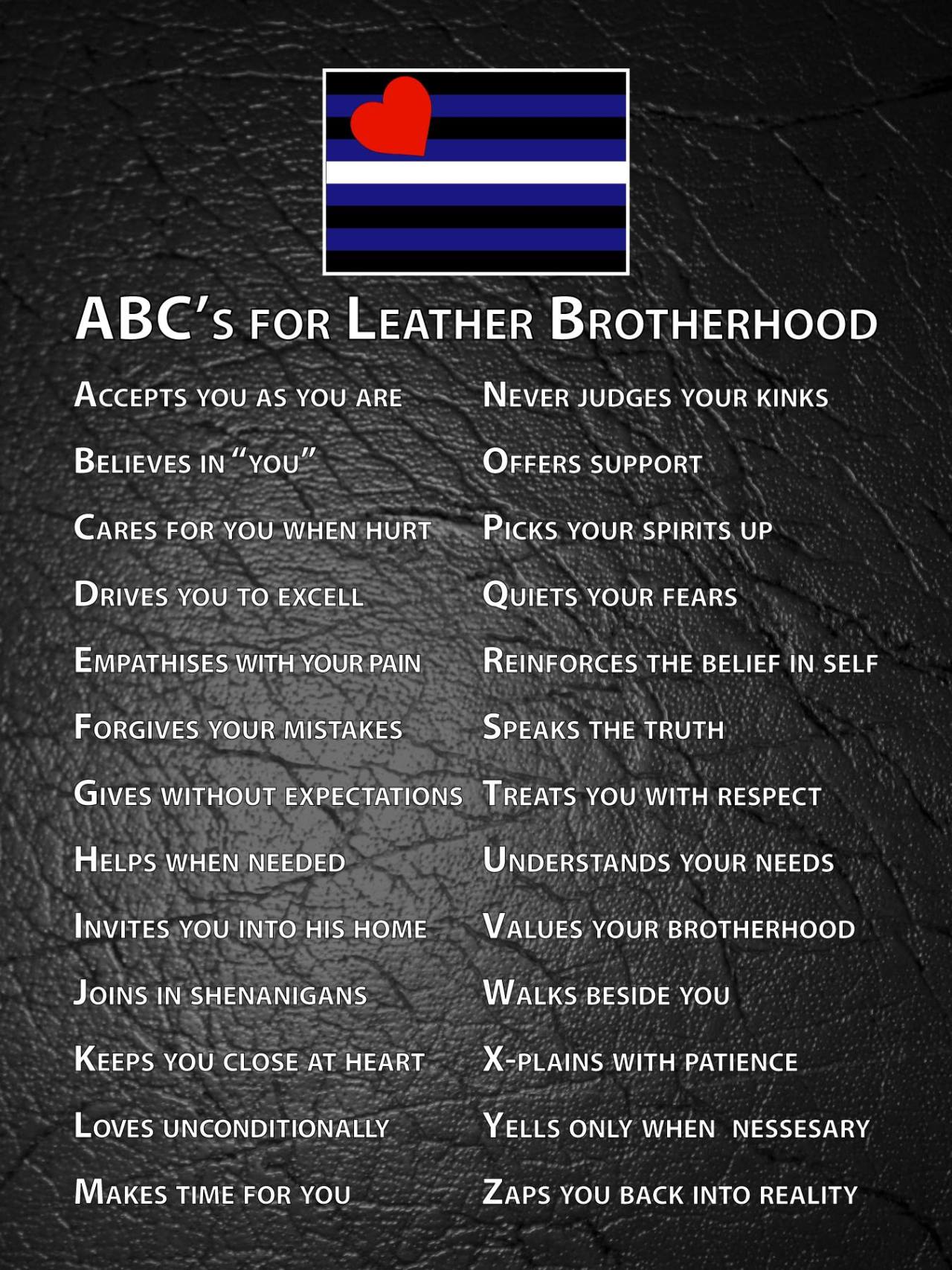 leatherboyj32:  onyxma:  ABC’s for Leather Brotherhood  Love this. 