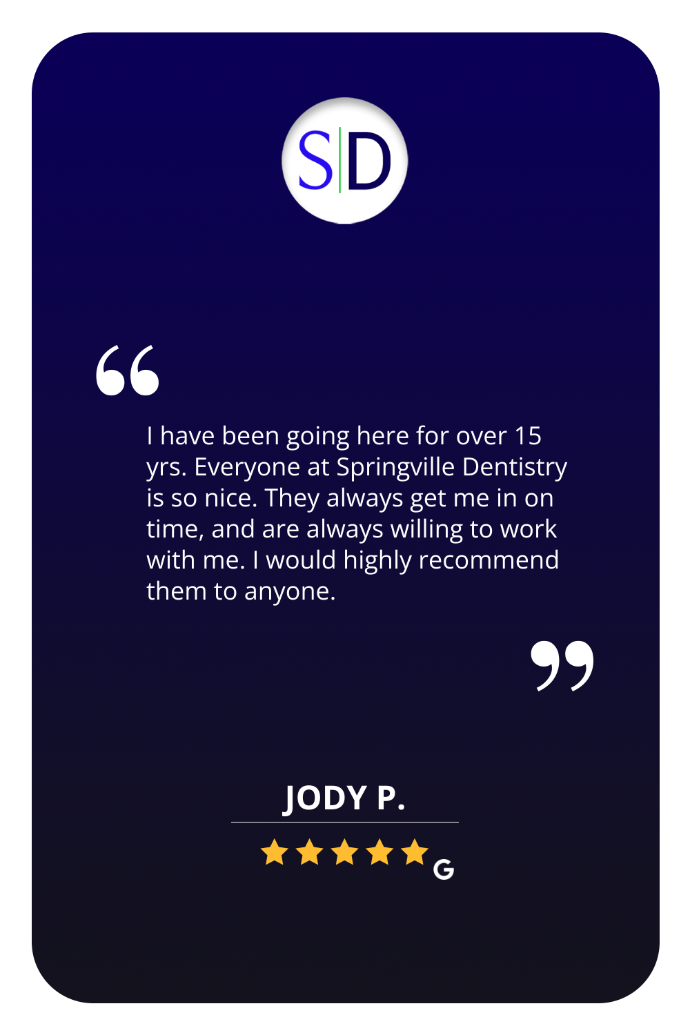 We appreciate our patients!
Here is our latest Five-Star Review from Jody P. We enjoy recognizing those patients who take the time to fill out a review and let us know how we are doing.
Here is what our latest 5-star reviewer had to say about their...