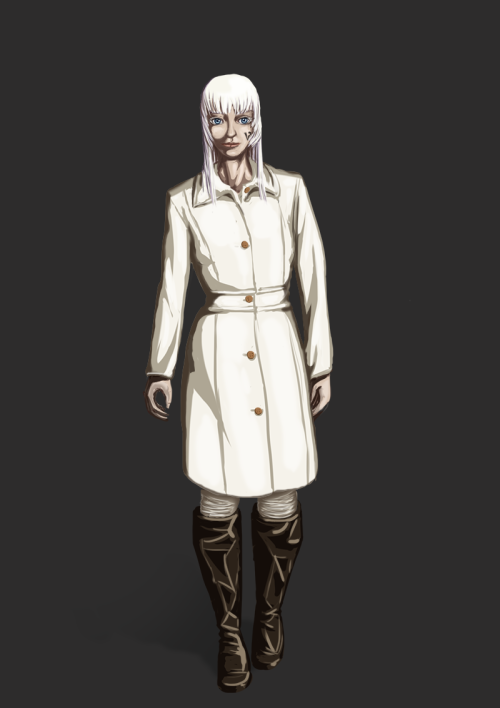 White haired woman in white coat.