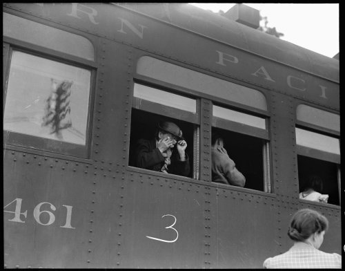 Woodland, Yolo County, California. Ten cars of evacuees of Japanese ancestry are now aboard and the 