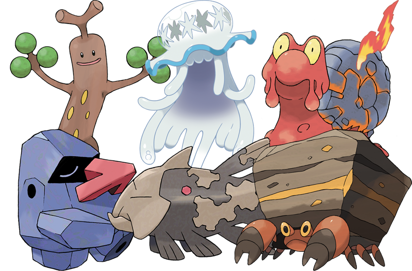 official art of a diverse crowd of Rock-type Pokémon