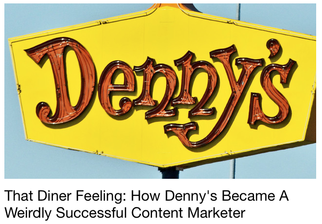 CMO Frances Allen talks about Denny’s (dennys) content marketing success, how it manages its offbeat social media persona and 5 core principles driving it all.
Read More>