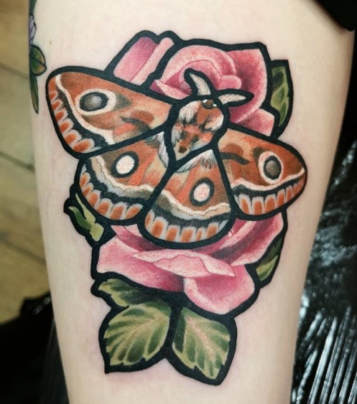 Stained glass moth on the thigh for Heidi. select appointments still available this month I&rsqu