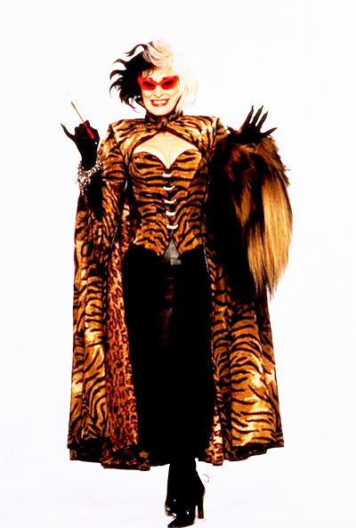 mabellonghetti:Promotional pics of Glenn Close as Cruella De Vil in 101 Dalmatians (1996). Costumes designed by Anthony Powell