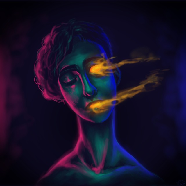 A shoulders up portrait of an androgynous teen under neon lighting, leaning their head slightly to the side with one eye closed, lips slightly parted. Fire comes out of their mouth and open eye.