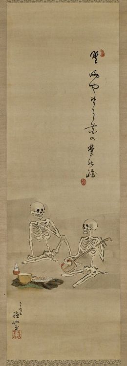 themacabrenbold: Amusing scene of two skeletons, silk scroll, 19th C. - Gyosen#skull #calavera #cave