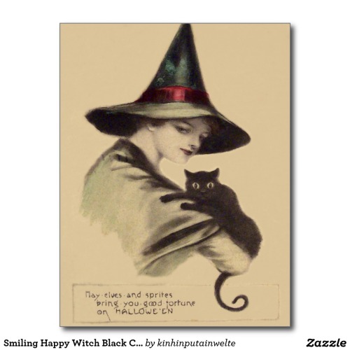 Smiling Happy Witch Black Cat Postcard - $1.10 Made by Zazzle Paper Vintage Halloween print w