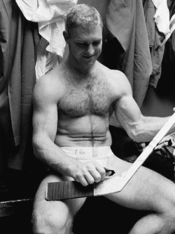 rugbyplayerandfan:  hairyathletes:  These vintage photos of a muscular hairy Bobby Hull in his jock always give me wood  Rugby players, hairy chests, locker rooms and jockstraps Rugby Player and Fan