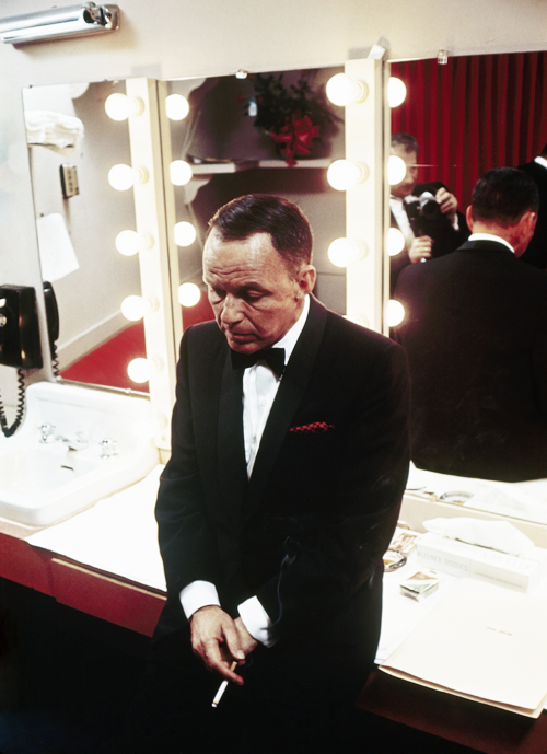 mycristalship:  Frank Sinatra in his dressing room at the Sands in Las Vegas, photographed by John Bryson, c. 1964