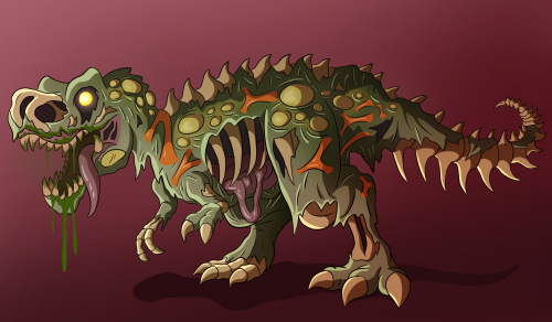 A zombiefied T-Rex, inspired by that one Primal episode. If you’d like to commission me, my info cab