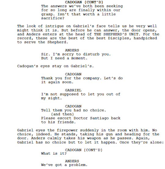 Hope you enjoyed last night’s episode, written by Nikki Goldwaser and directed by Sherwin Shilati! For our first scene: two men out of time. Cadogan and Gabriel share a meal, millennial and Gen Z connecting long after they left Earth behind.