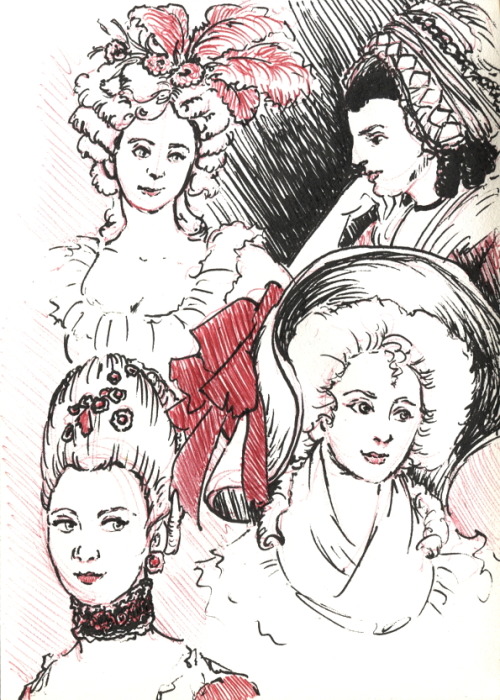 thebrassglass:Hair style and head ornamentation studies in pencil, red ballpoint and black ink brush