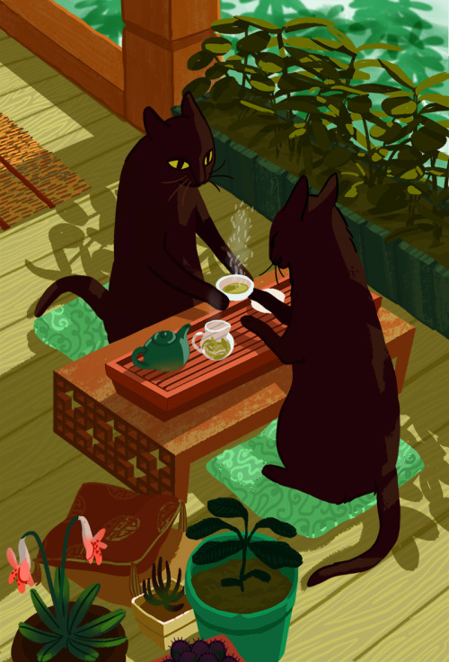 thevintagepostbox:Illustration: Tea Cats This piece is available as a print!!We love this piece 