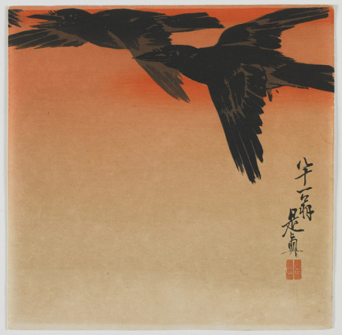 heaveninawildflower: ‘Crows at Twilight’ (late 19th century).Woodblock print by Shibata 