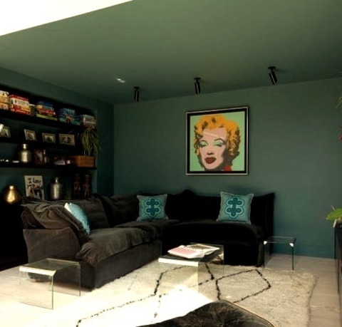 London Family Room Game RoomIdeas For A Large, Modern, Open-concept Game Room Remodel With Blue Walls,