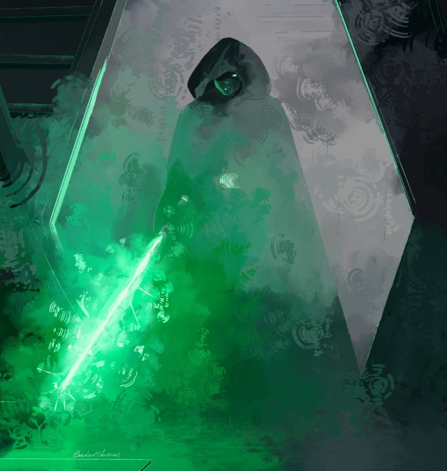 A Mandalorian screencap redraw of Luke Skywalker in a blast doorway. He is in a hooded black cloak, with his lightsaber drawn. Around him are billowing clouds of smoke that catch green light from his saber.